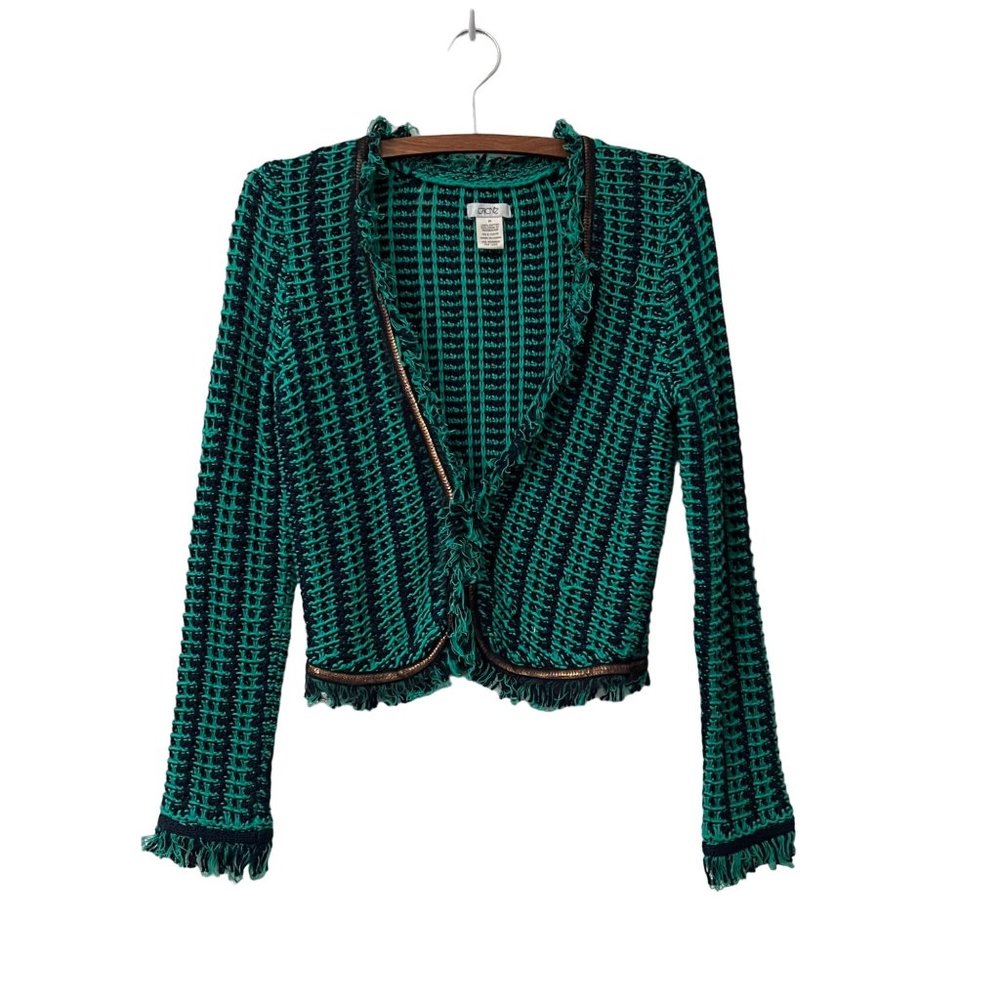 Cache Womens Navy Green Woven Fringed Chainlink Trim Chunky Knit Cardigan XS